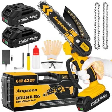 Brushless Mini Chainsaw Cordless 6 Inch, Electric Saw Battery Chainsaw Chain Saws with 2 2.0Ah Battery and 2 Super Chains, Small Chainsaw Power Tools for Cutting Trees, Cut Wood, Tree