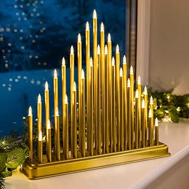 CHRISTOW Gold Candle Bridge Tower Christmas Decoration, Battery Operated with Timer, 33 Warm White LED Window Light