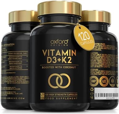 Oxford Origins Vitamin D3 K2 Capsules | Made in The UK | 4000 iu Vitamin D3 & 100mcg K2 MK7 | Boosted with Coconut MCTs for Absorption | 4 Month Supply - 120 Capsules
