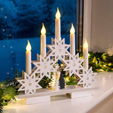 Christow Christmas Candle Arch White Wooden Snowflake Bridge With Winter Forest Scene Battery Operated With Timer