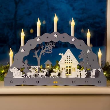 Christow Christmas Candle Arch Grey Wooden Bridge With Winter Village Scene Battery Operated With Timer