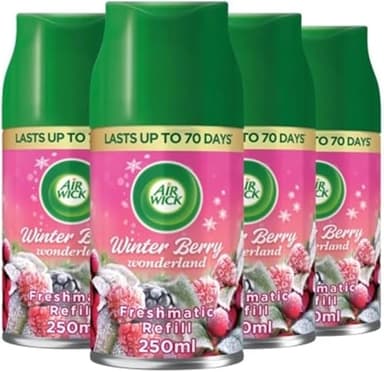 Air Wick Freshmatic Automatic Air Freshener Refills - Odour Neutraliser for Bathroom & Room - Winter Berry Wonderland Scent - 4 x 250ml Refills - Lasts Up to 280 Days
