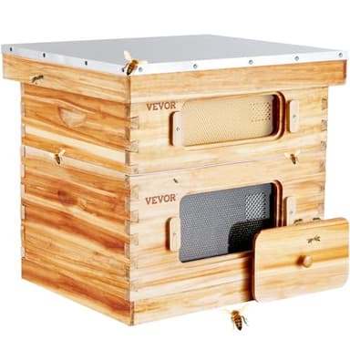 VEVOR Bee Hive 20 Frame Bee Hives Starter Kit, Beeswax Coated Fir Wood, 1 Deep + 1 Medium Boxes Langstroth Beehive Kit, Transparent Acrylic Windows with Foundations for Beginners Pro Beekeepers