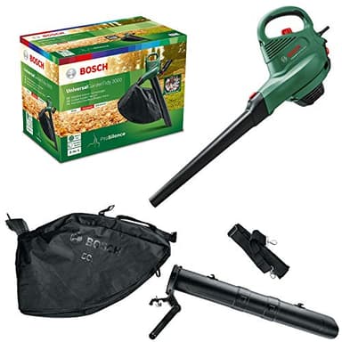 Bosch Electric Leaf Blower and Vacuum UniversalGardenTidy 3000 (3000 W, collection bag 50 l,variable speed,for blowing, vacuuming shredding leaves, Weight: 4.7 kg, in carton packaging)