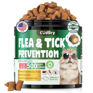 Flea and Tick Support for Cats – 500 Crunchy & Creamy Chews, Cat Flea Chewables with Skin & Coat Support – Oral Supplement for All Breeds & Ages – Natural Chicken Flavor