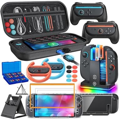 Switch 2 Accessories, Bundle Case for Nintendo Switch 2, 23-IN-1 Kits: Carrying Case, Controller Charger Dock, Grips for Joy Con,Steering Wheels for Mario Kart,Protective Cover for Switch 2 (Black)